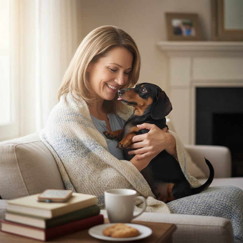Frau sitzt lächelnd mit Hund auf Sofa und kuschelt.