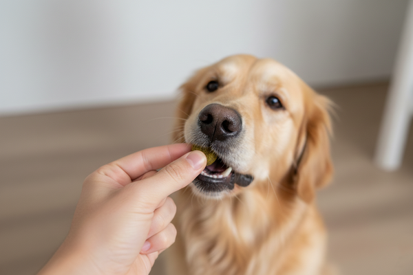 Hand gibt dem Hund einen Snack ins Maul.