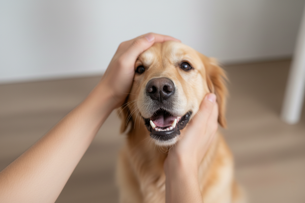 Hund bekommt glücklich den Kopf gekrault.