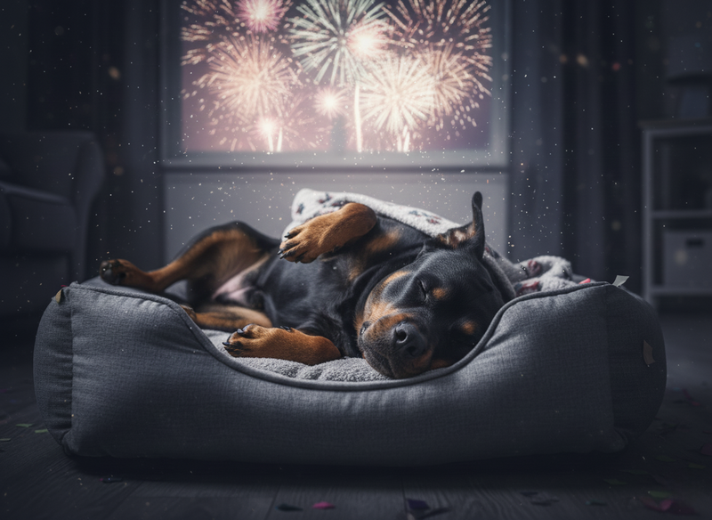 Ein Hund liegt bei Feuerwerk entspannt auf der Seite schlafend in seinem Bett.