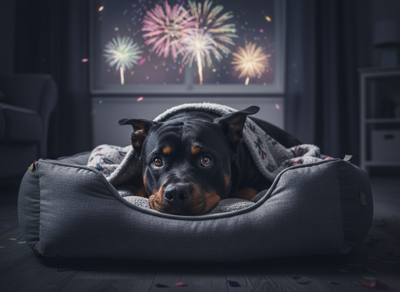 Ein Hund liegt bei Feuerwerk in seinem Bett und schaut ängstlich.