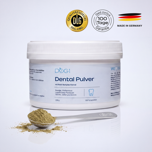 DOG1 Dental Pulver Dose im Studiolicht mit DLG-Siegel, 100-Tage-Garantie und Made in Germany