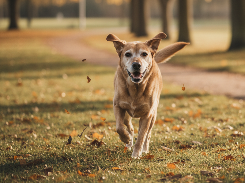 Derselbe Hund läuft fröhlich durch einen Park.