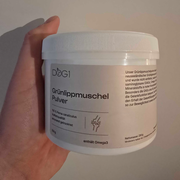 Hand hält eine Dose DOG1 Grünlippmuschel Pulver in die Kamera.
