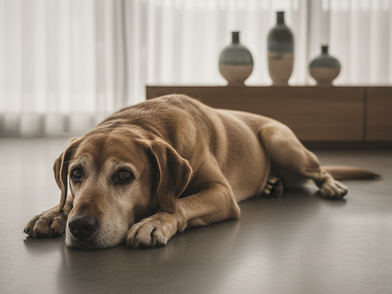 Ein Hund liegt müde auf dem Boden und schaut traurig.